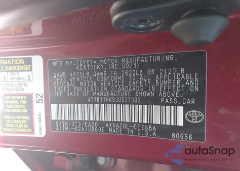 2018 Toyota Camry Se из США, поврежденный, VIN 4T1B11HK9JU527302